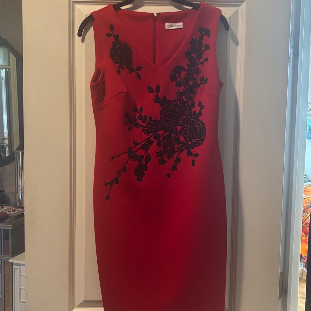 Elegant Calvin Klein Red Dress with Black beaded Floral Design